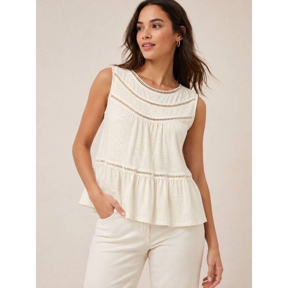 Ann Taylor Sleeveless Ivory Peplum Blouse – Cutout Detail – Size Small